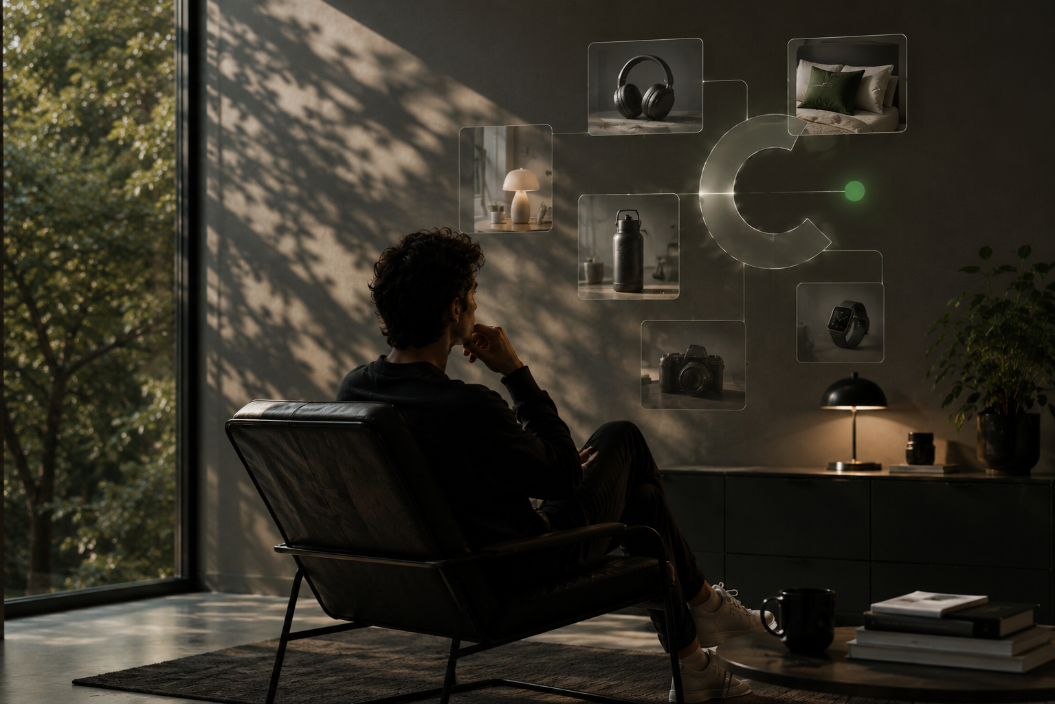 A person exploring a curated selection of everyday products in a calm interior