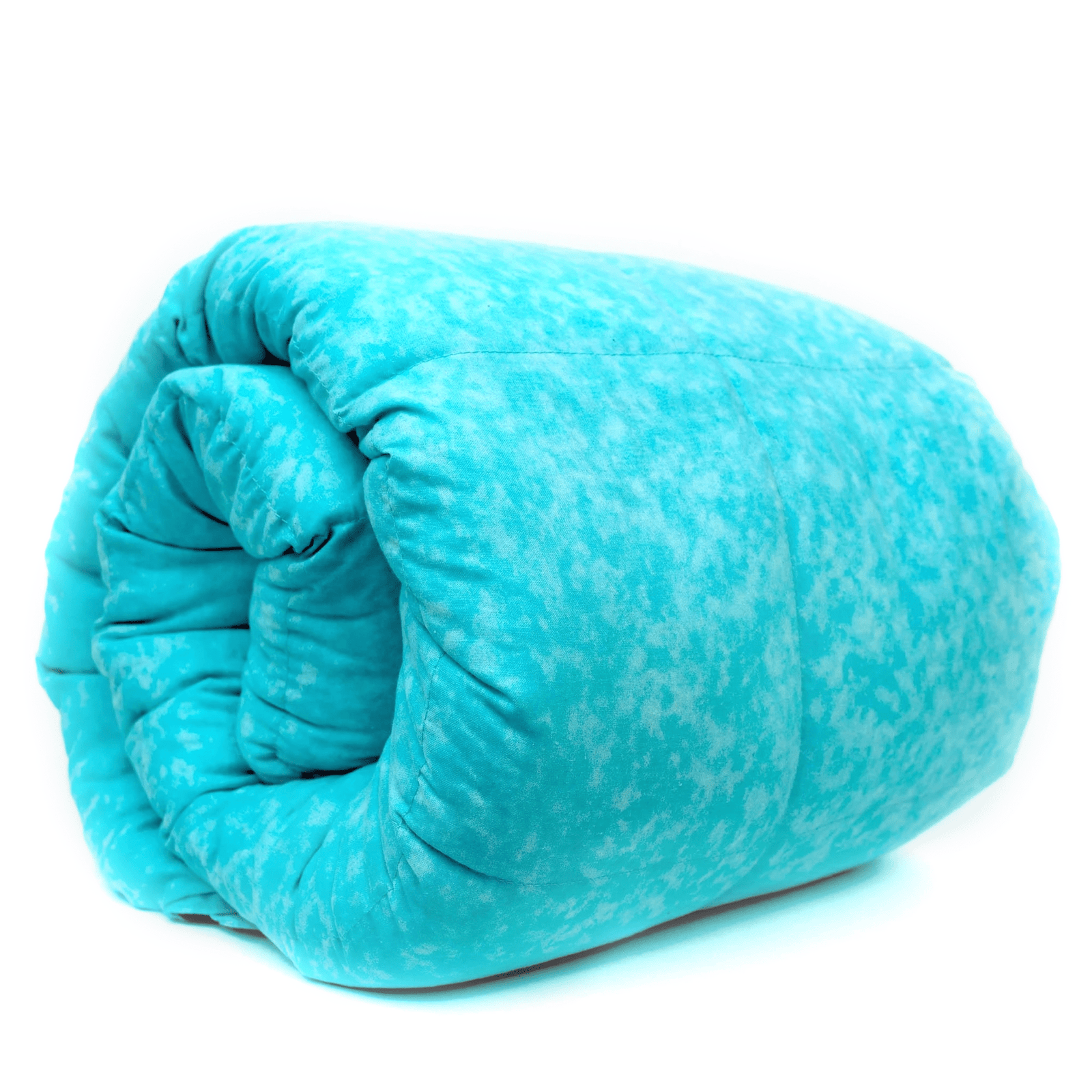 Rolled light aqua cotton weighted blanket showing the quilted sections