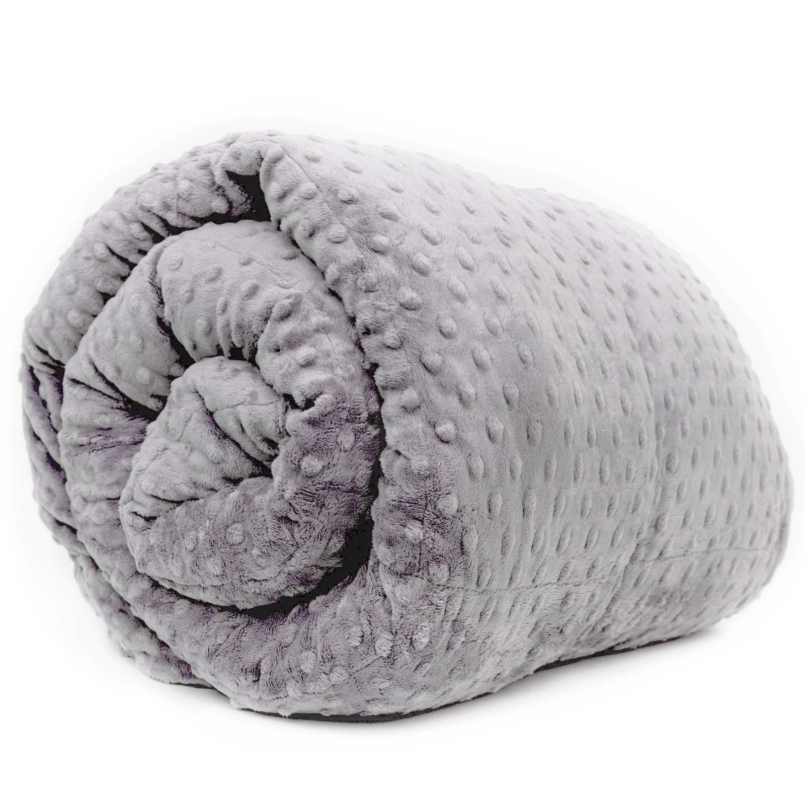Rolled grey Minky Weighted Blanket showing its soft dotted texture