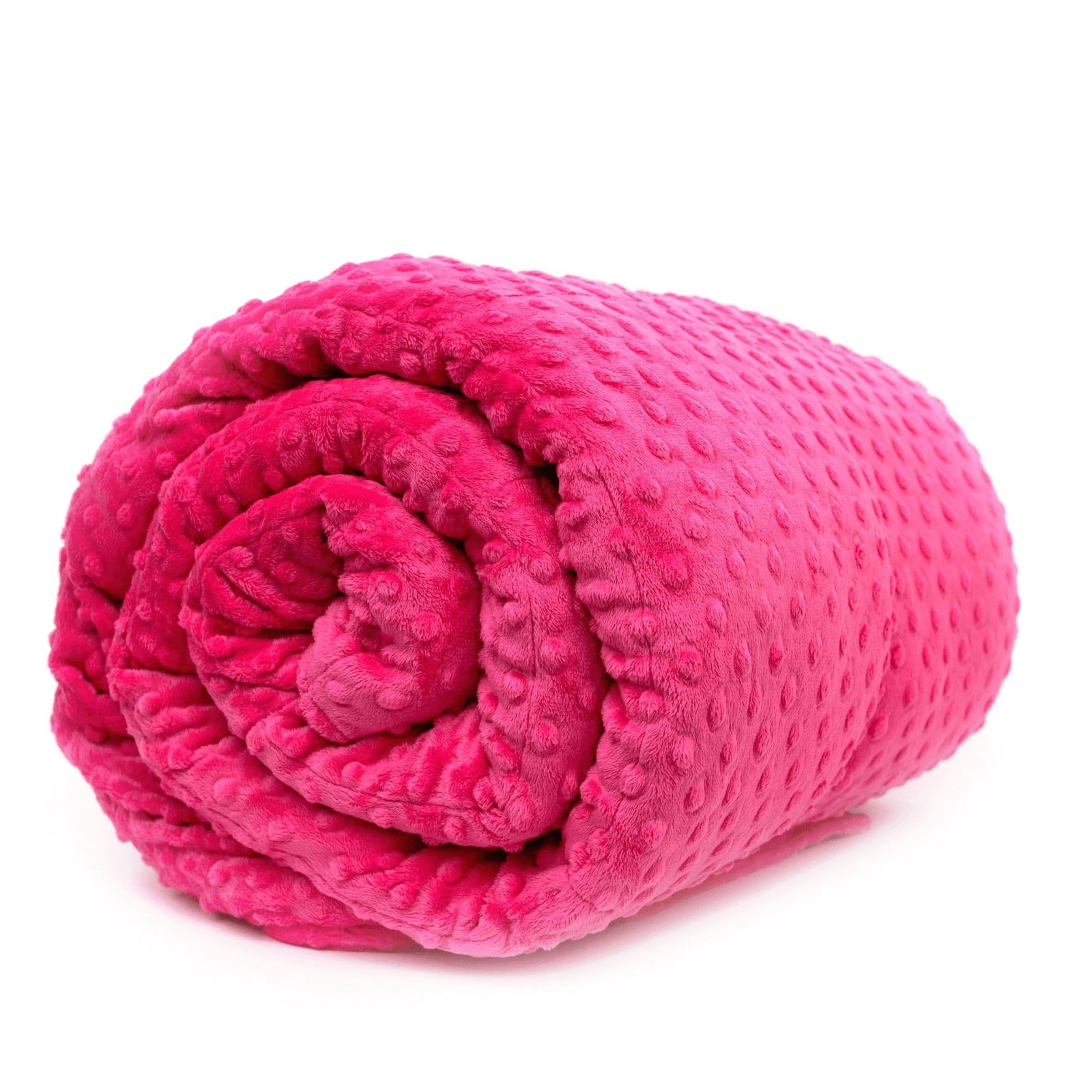 Rolled pink Minky Weighted Blanket showing seams and quilted compartments