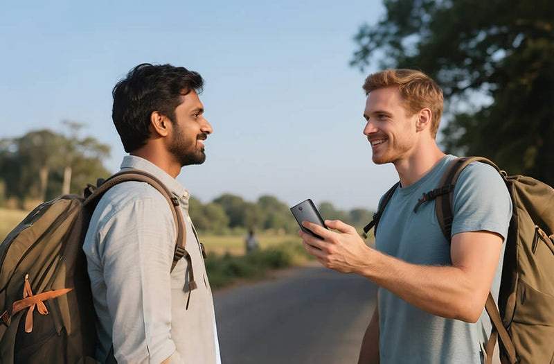 Traveler holding a Timekettle NEW T1 during a conversation