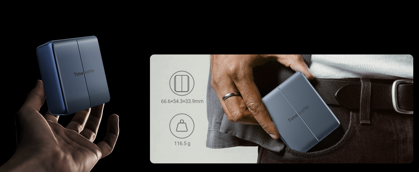 Compact Timekettle W4 charging case shown in hand and in a pocket