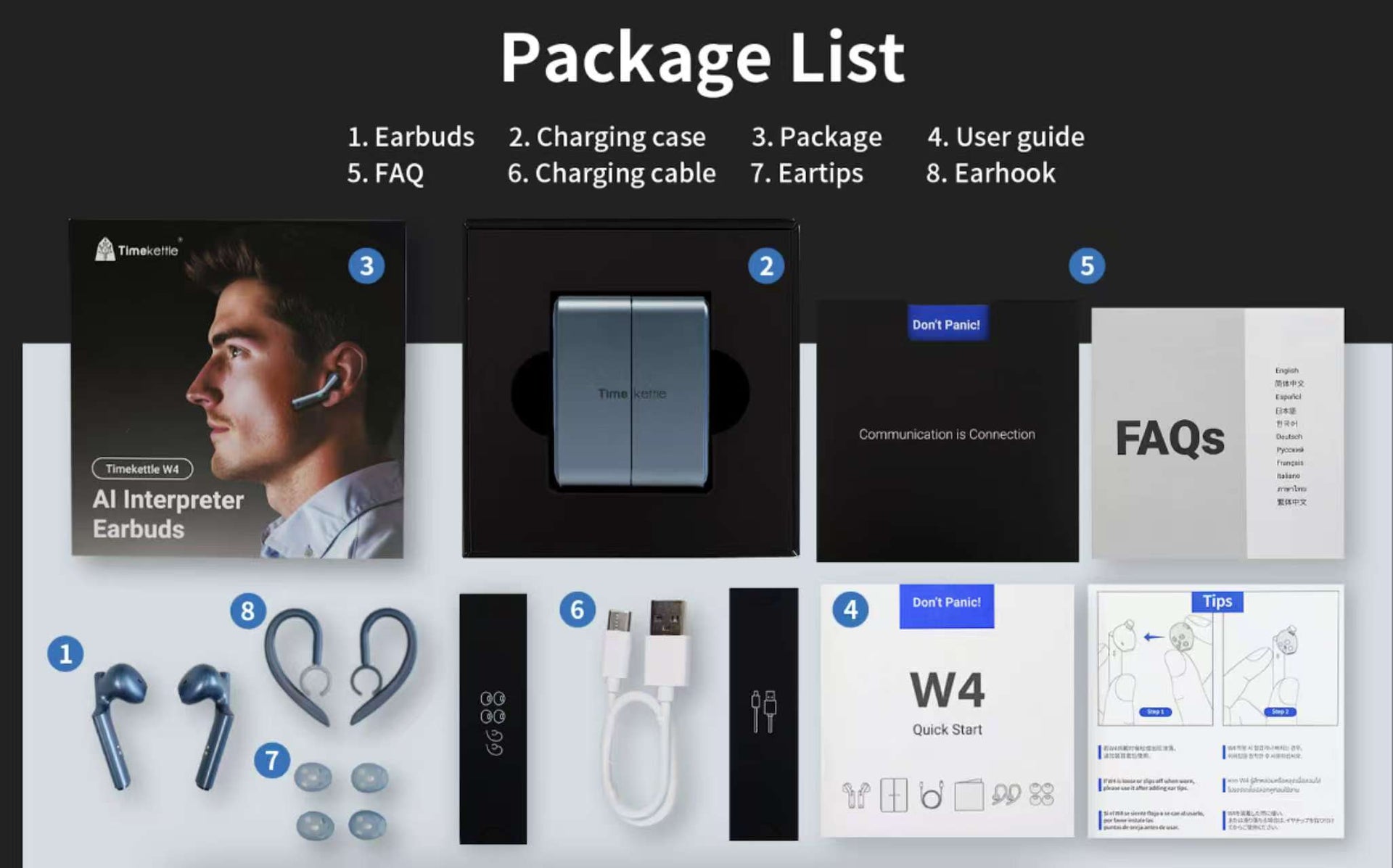 Package contents supplied with the Timekettle W4 AI Interpreter Earbuds