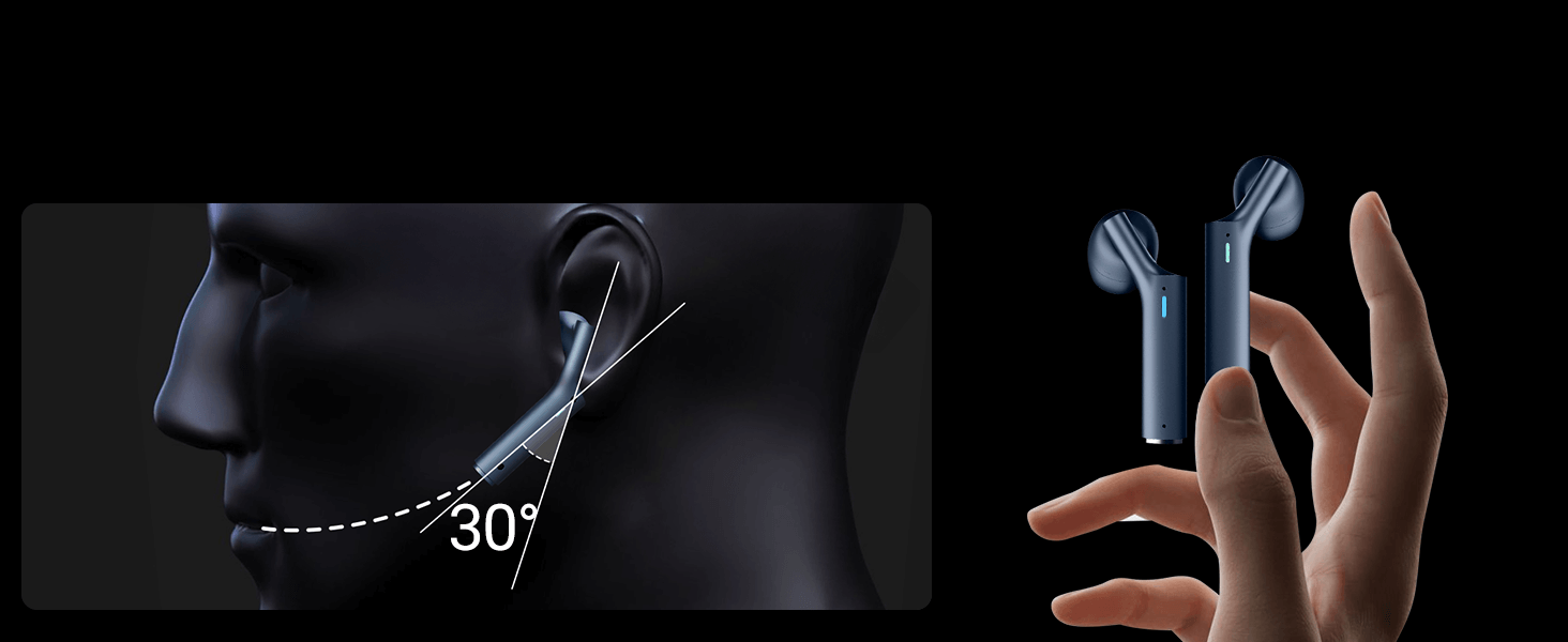 Timekettle W4 earbuds showing their 30-degree microphone angle