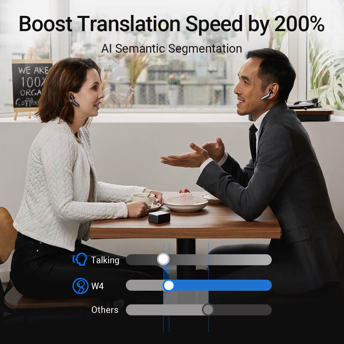 Two people using Timekettle W4 earbuds during a face-to-face conversation